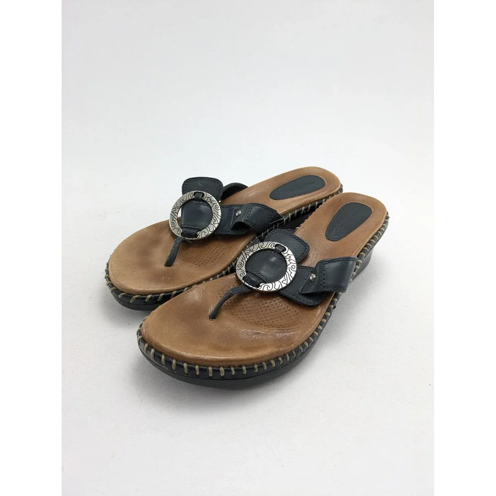 Womens Minnetonka Denver Blue Leather Slide Wedge Thong Medallion Sandals Size 8